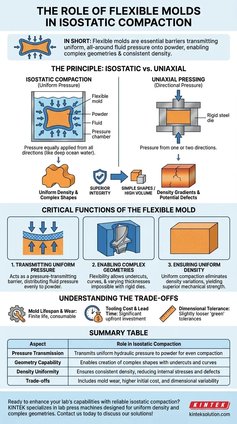 What role do flexible molds play in isostatic compaction? Unlock Uniform Density and Complex Shapes Visual Guide