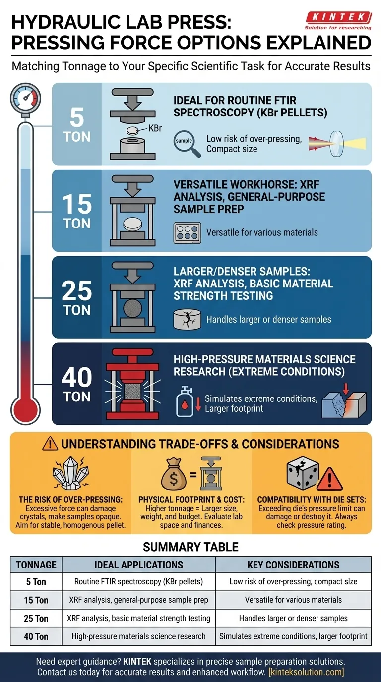 What are the available pressing force options for Hydraulic Lab Presses? Choose the Right Tonnage for Accurate Results Visual Guide