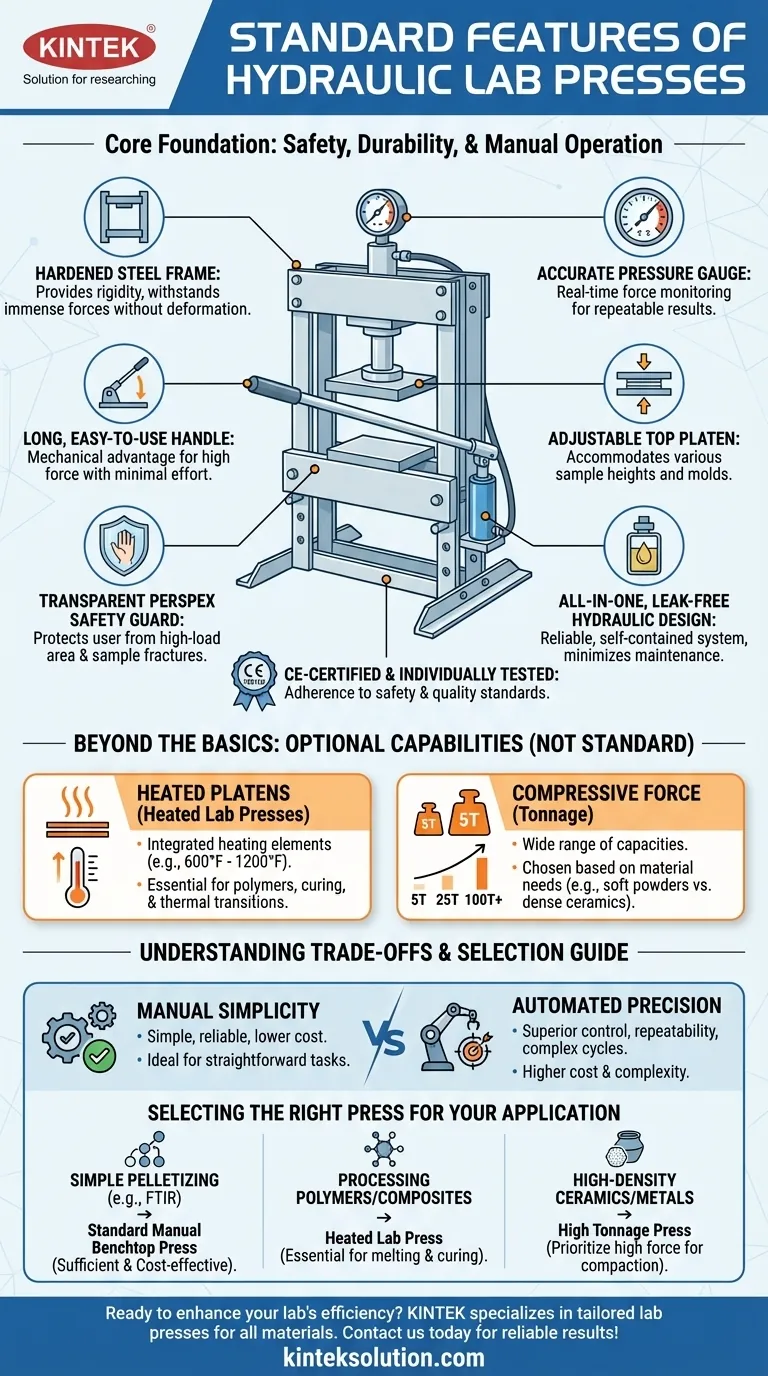 What are the standard features included with Hydraulic Lab Presses? Essential Components for Safe and Reliable Operation Visual Guide