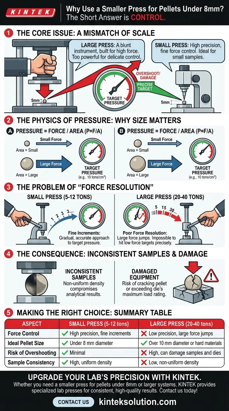 Por que é recomendado usar uma prensa menor para pastilhas com menos de 8 mm de diâmetro? Obtenha Controle Preciso para Resultados Consistentes Guia Visual