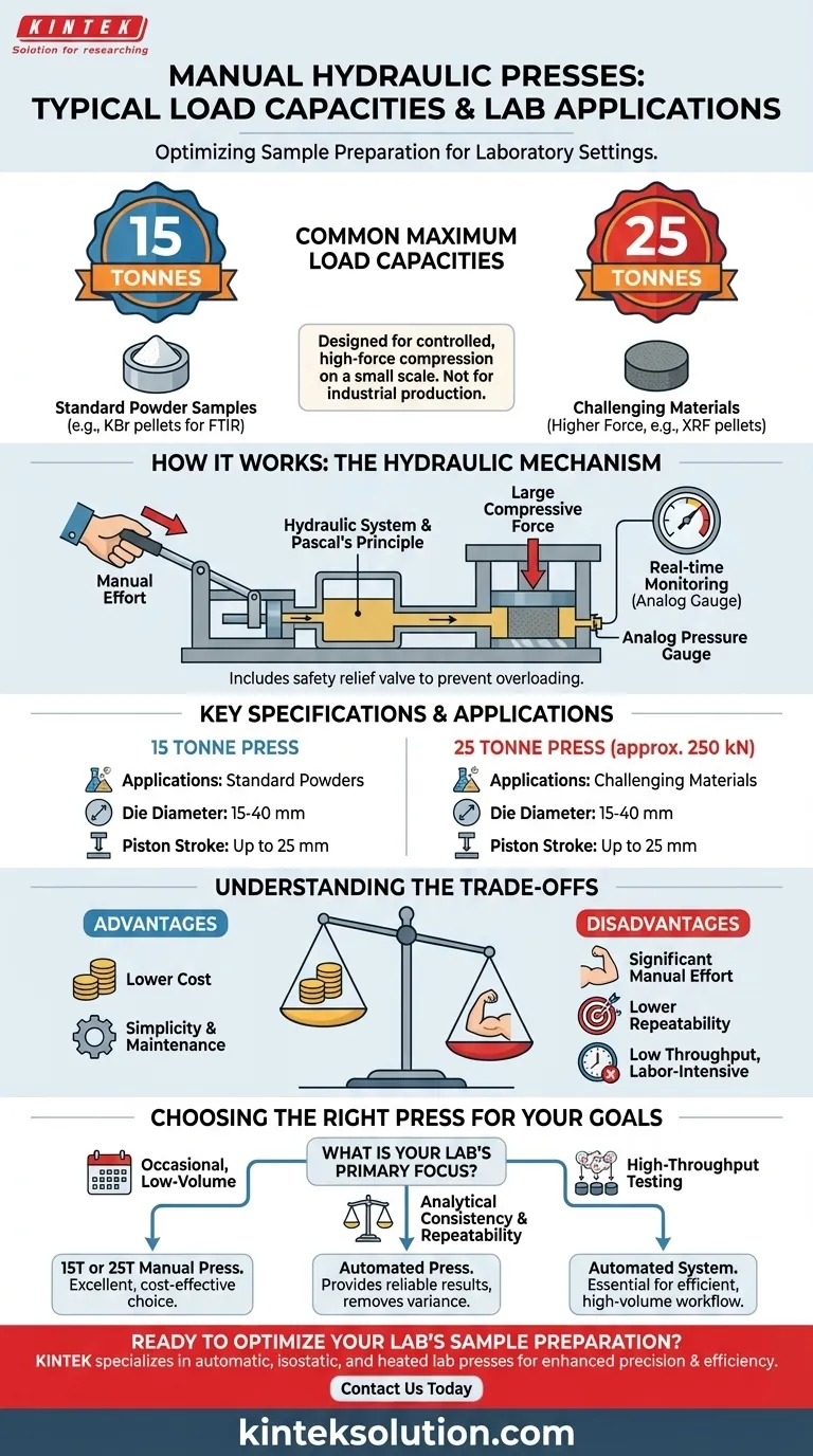 手動油圧プレス機の一般的な耐荷重能力はどれくらいですか？研究室向けの15トンと25トンのオプションをご紹介します ビジュアルガイド