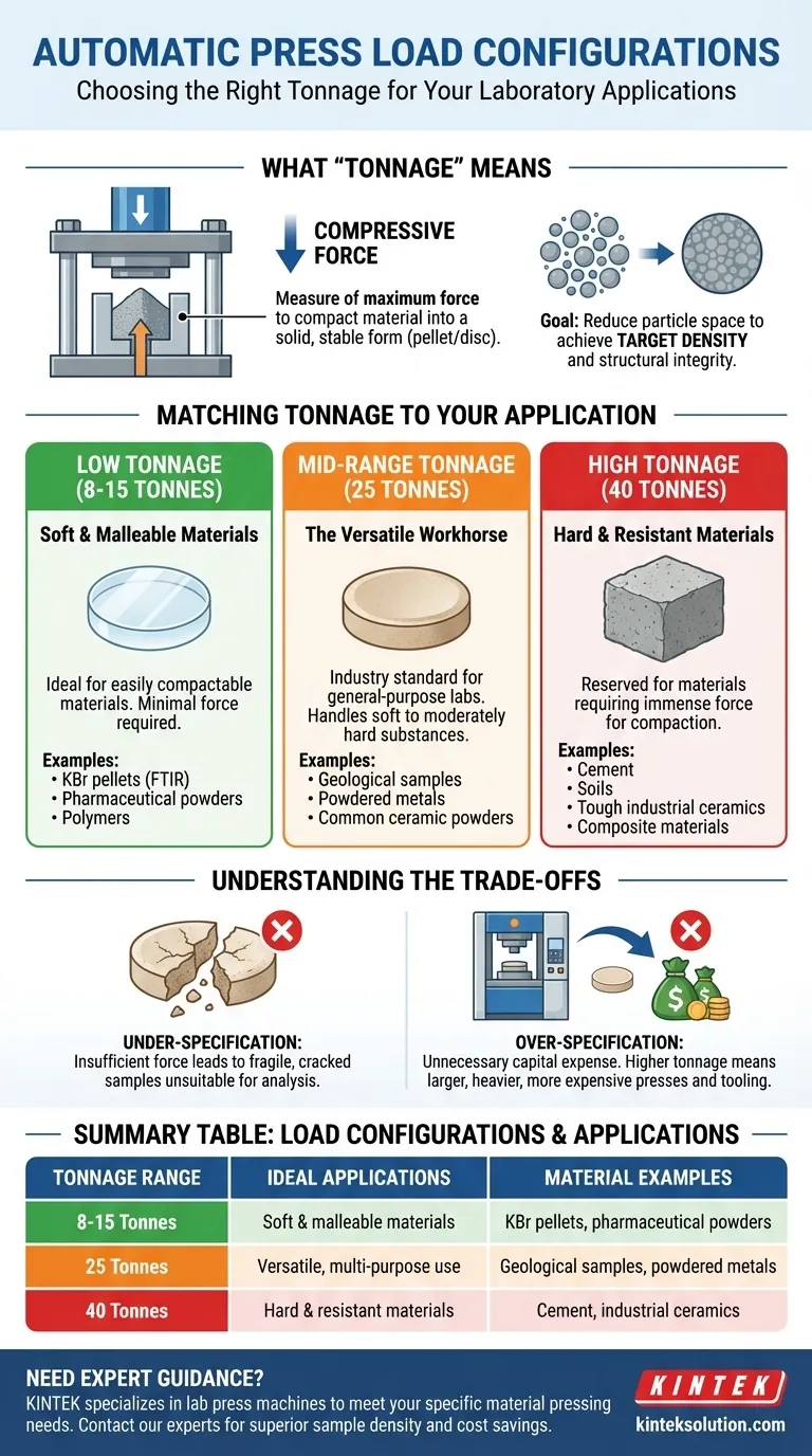 What are the available load configurations for automatic presses? Choose the Right Tonnage for Your Lab Visual Guide