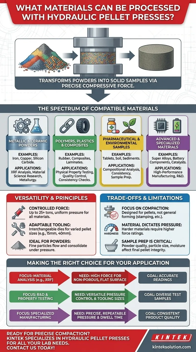 What types of materials can be processed using hydraulic pellet presses? Versatile Compaction for Metals, Ceramics, Polymers, and More Visual Guide