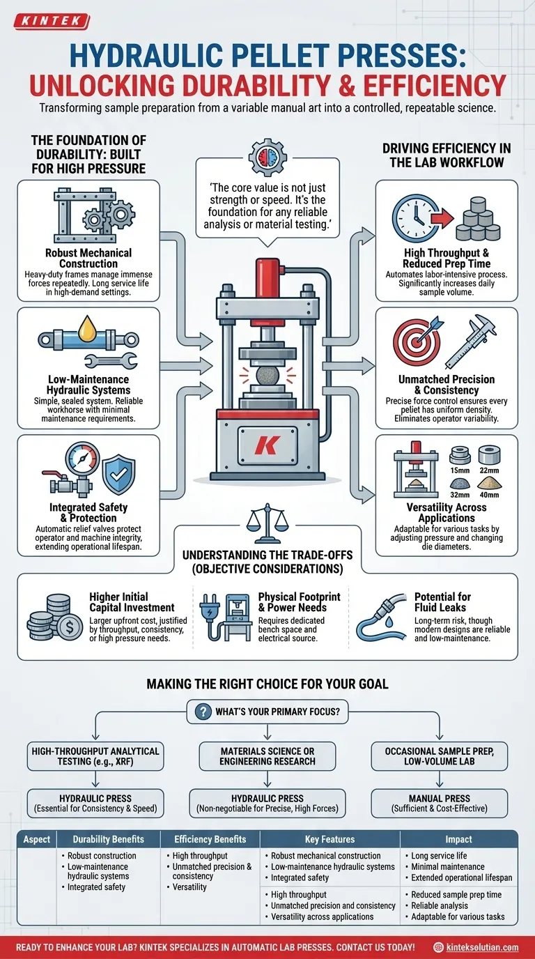 What are the durability and efficiency benefits of hydraulic pellet presses? Boost Lab Productivity with Reliable Performance Visual Guide