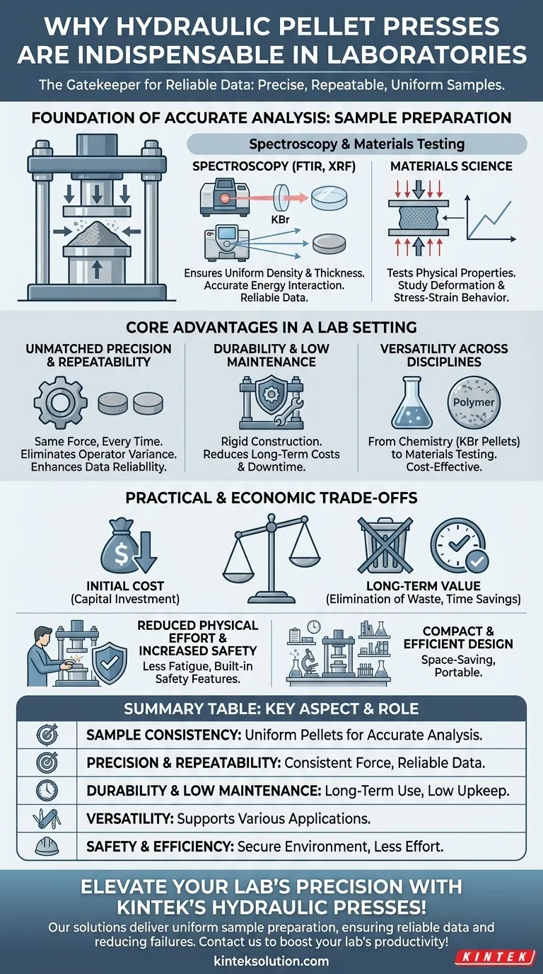 なぜ油圧式ペレットプレスは研究室に不可欠だと考えられているのでしょうか？信頼性の高いデータのための正確なサンプル調製を確保 ビジュアルガイド