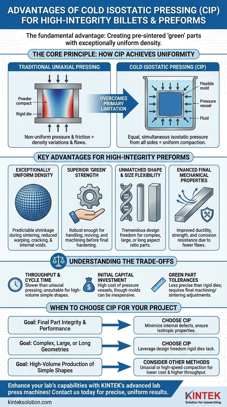 Quali sono i vantaggi della Pressatura Isostatica a Freddo (CIP) nella produzione di billette o preforme ad alta integrità? Ottenere Densità Uniforme e Prestazioni Superiori Guida Visiva