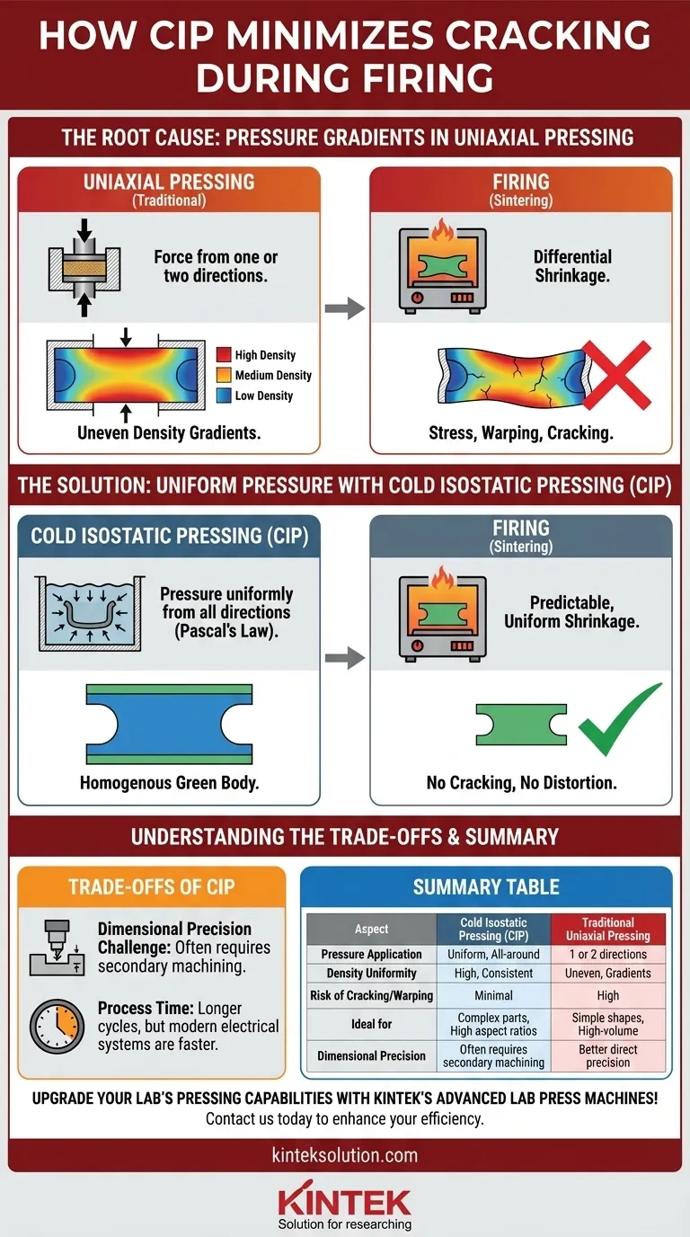 How does Cold Isostatic Pressing (CIP) minimize distortion or cracking upon firing? Achieve Uniform Parts with Less Stress Visual Guide