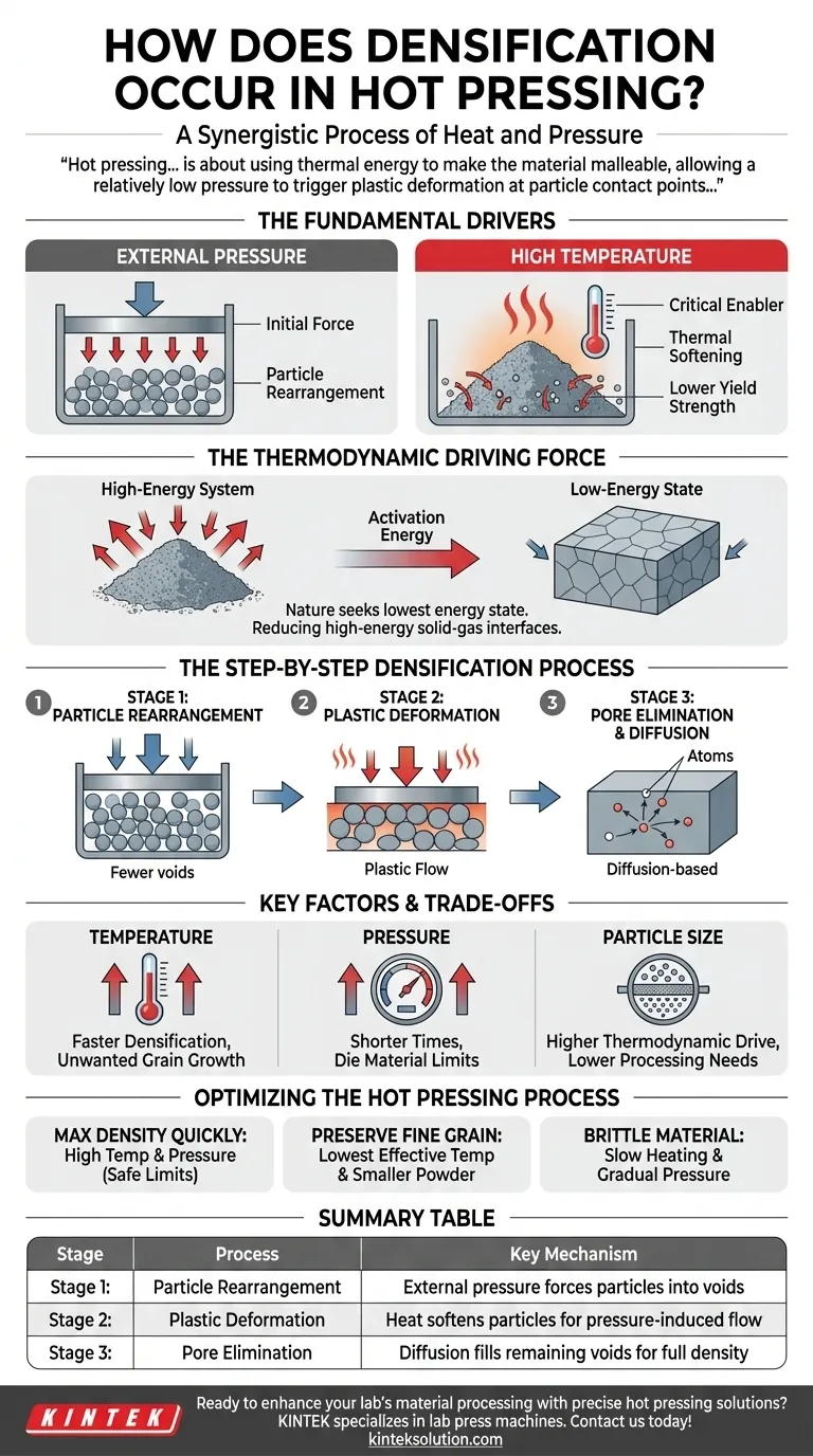 How does densification occur in hot pressing? Unlock High-Density Materials with Heat and Pressure Visual Guide
