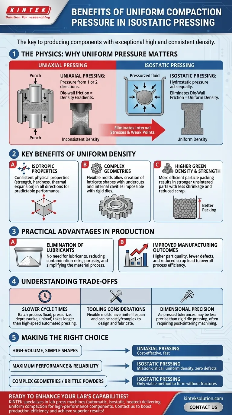 What are the benefits of uniform compaction pressure in isostatic pressing? Achieve High-Density, Isotropic Parts Visual Guide