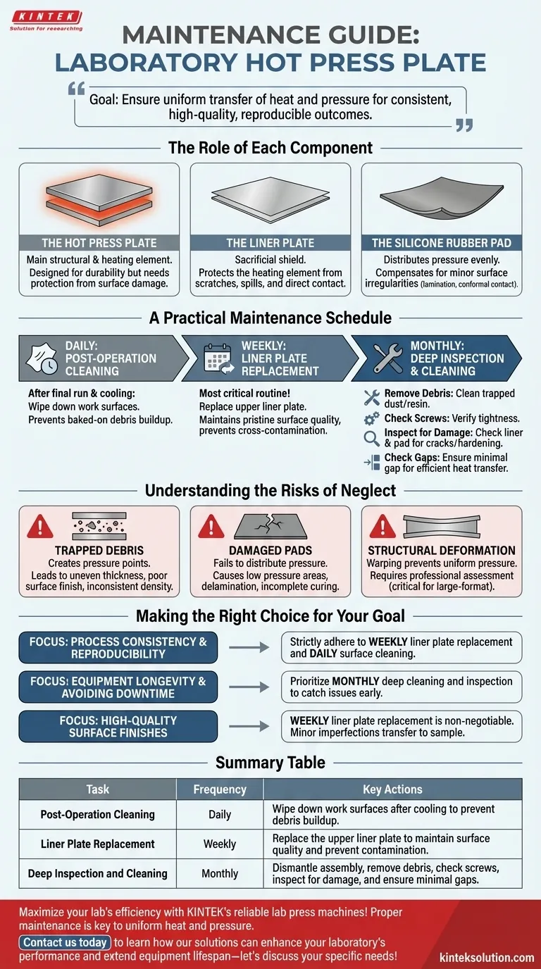 What maintenance is required for the hot plate of a laboratory hot press? Ensure Consistent Heat and Pressure for Reliable Results Visual Guide
