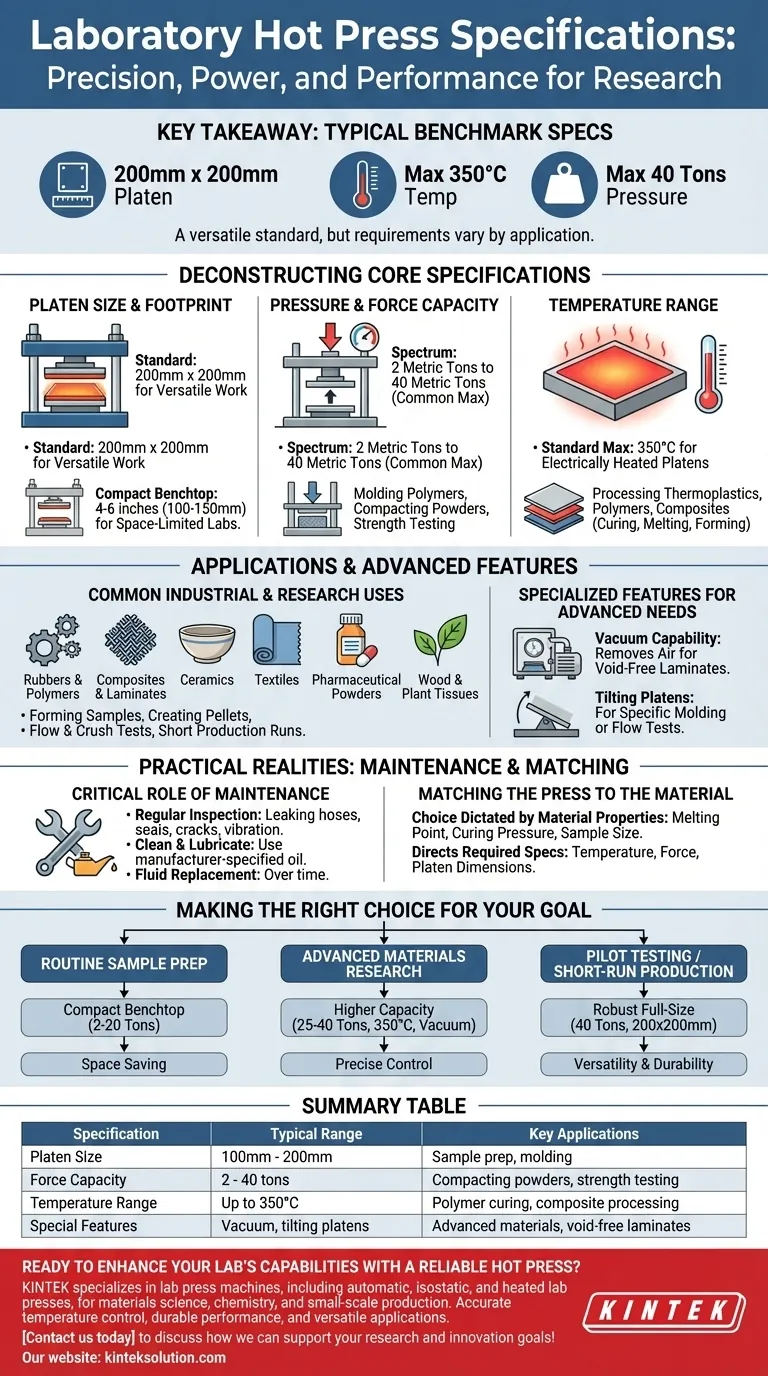 ¿Cuáles son las especificaciones de las prensas de calor de laboratorio típicas? Guía esencial para la prueba de materiales y la preparación de muestras Guía Visual