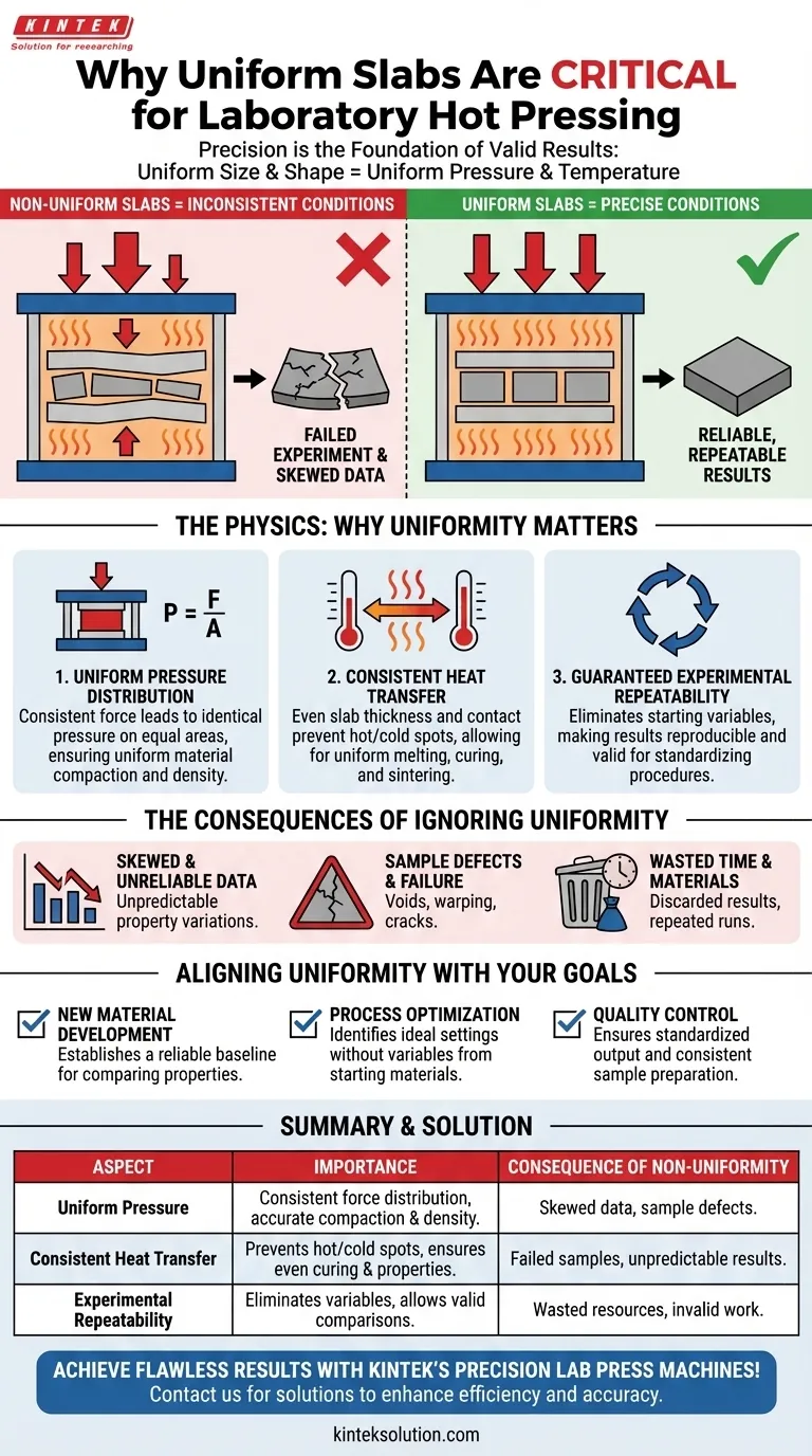Why is it important for all slabs to be the same size and shape in laboratory hot pressing? Ensure Precise and Repeatable Results Visual Guide