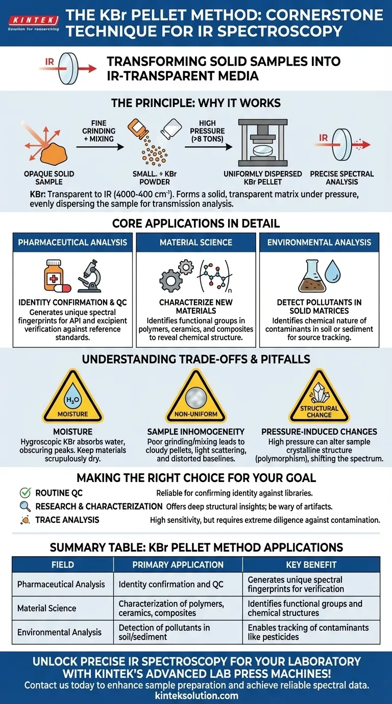 In which fields is the KBr pellet method commonly applied? Essential Uses in IR Spectroscopy Visual Guide