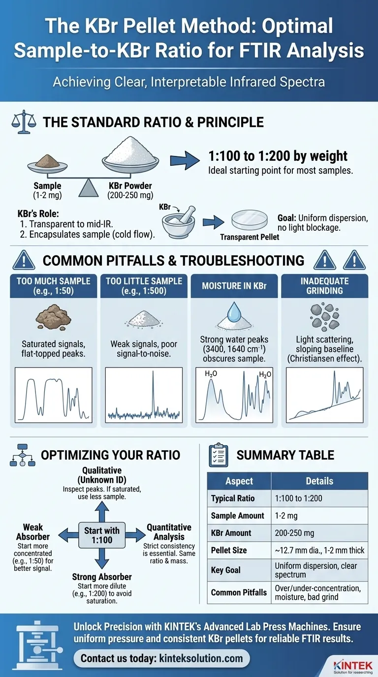 What is the typical sample-to-KBr ratio used in the pellet method? Master FTIR Spectroscopy for Accurate Results Visual Guide