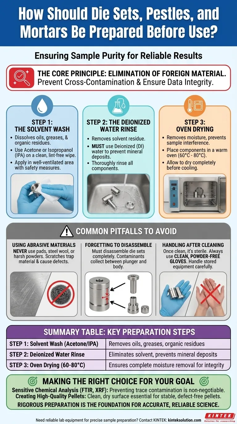 Como o conjunto de matriz (die set) e o pilão e almofariz devem ser preparados antes do uso? Garanta a Pureza e Evite a Contaminação Cruzada Guia Visual