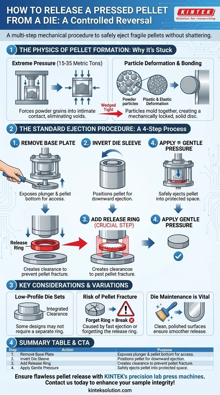 How is the pellet released from the die after pressing? Master the Safe Ejection Process Visual Guide