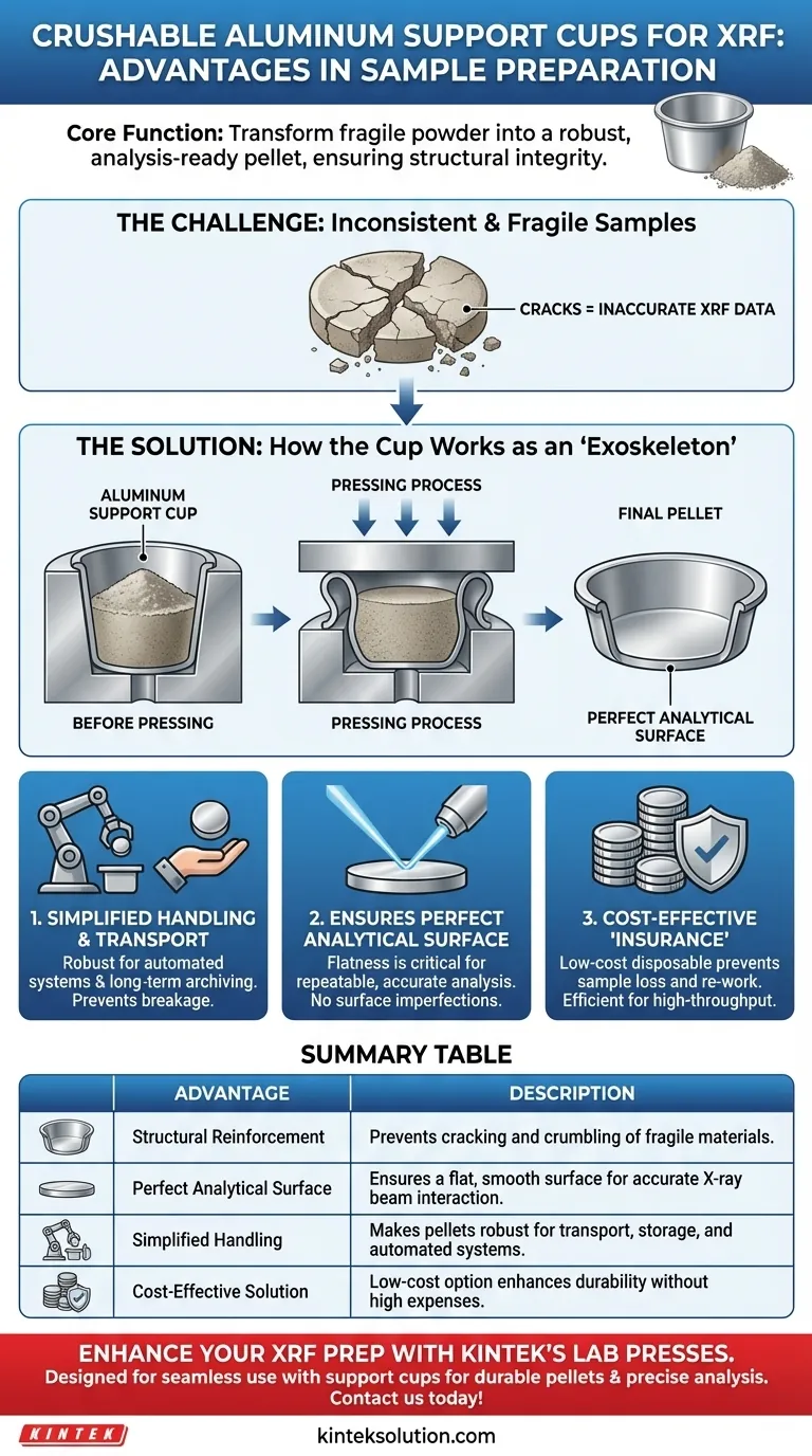 Каковы преимущества использования прессуемых алюминиевых подставок (support cups) со стандартной матрицей для таблетирования образцов рентгенофлуоресцентного анализа (РФА)? Повышение целостности и точности образцов Визуальное руководство