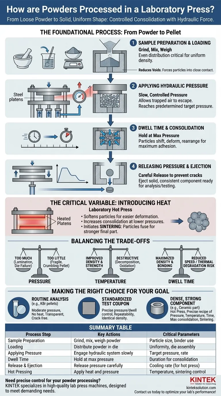 ¿Cómo se procesan los polvos en una prensa de laboratorio? Domine la compactación controlada para obtener resultados fiables Guía Visual