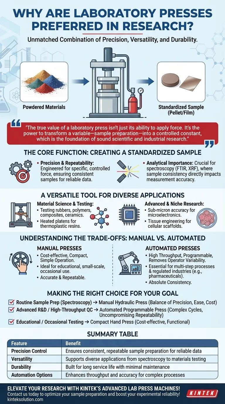 Perché le presse da laboratorio sono preferite negli ambienti di ricerca? Sblocca Precisione e Coerenza per il tuo Laboratorio Guida Visiva