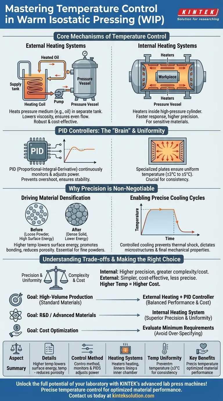 How is temperature control achieved in Warm Isostatic Pressing? Master Precision Heating for Superior Densification Visual Guide