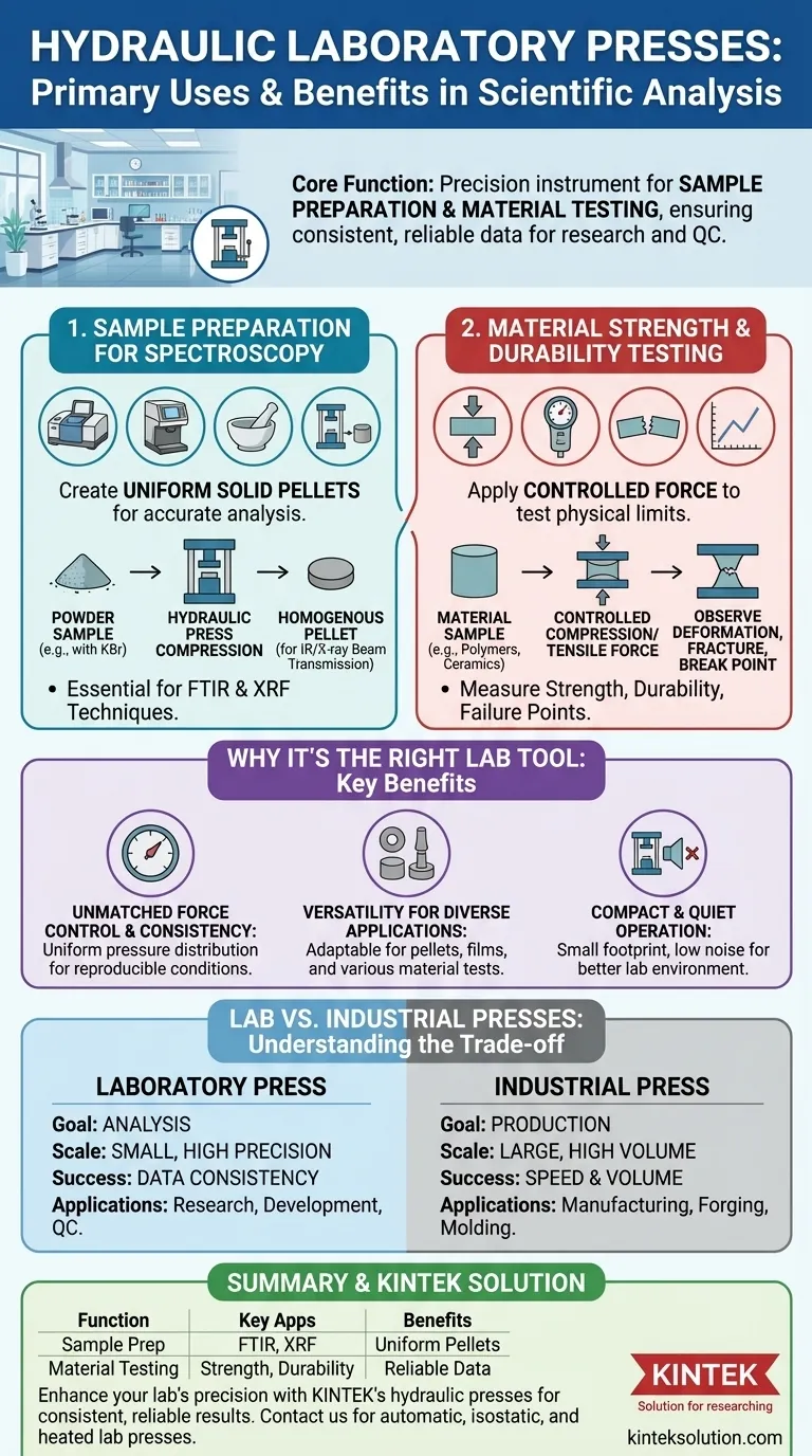 What are the primary uses of hydraulic laboratory presses? Essential for Precise Sample Prep and Material Testing Visual Guide