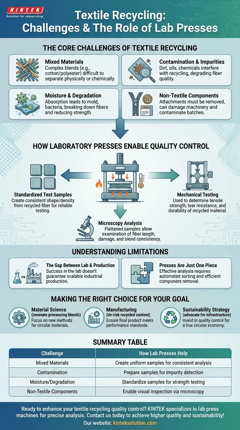 What challenges are associated with recycling textiles, and how do laboratory presses help? Overcome Recycling Hurdles with Precision Tools Visual Guide