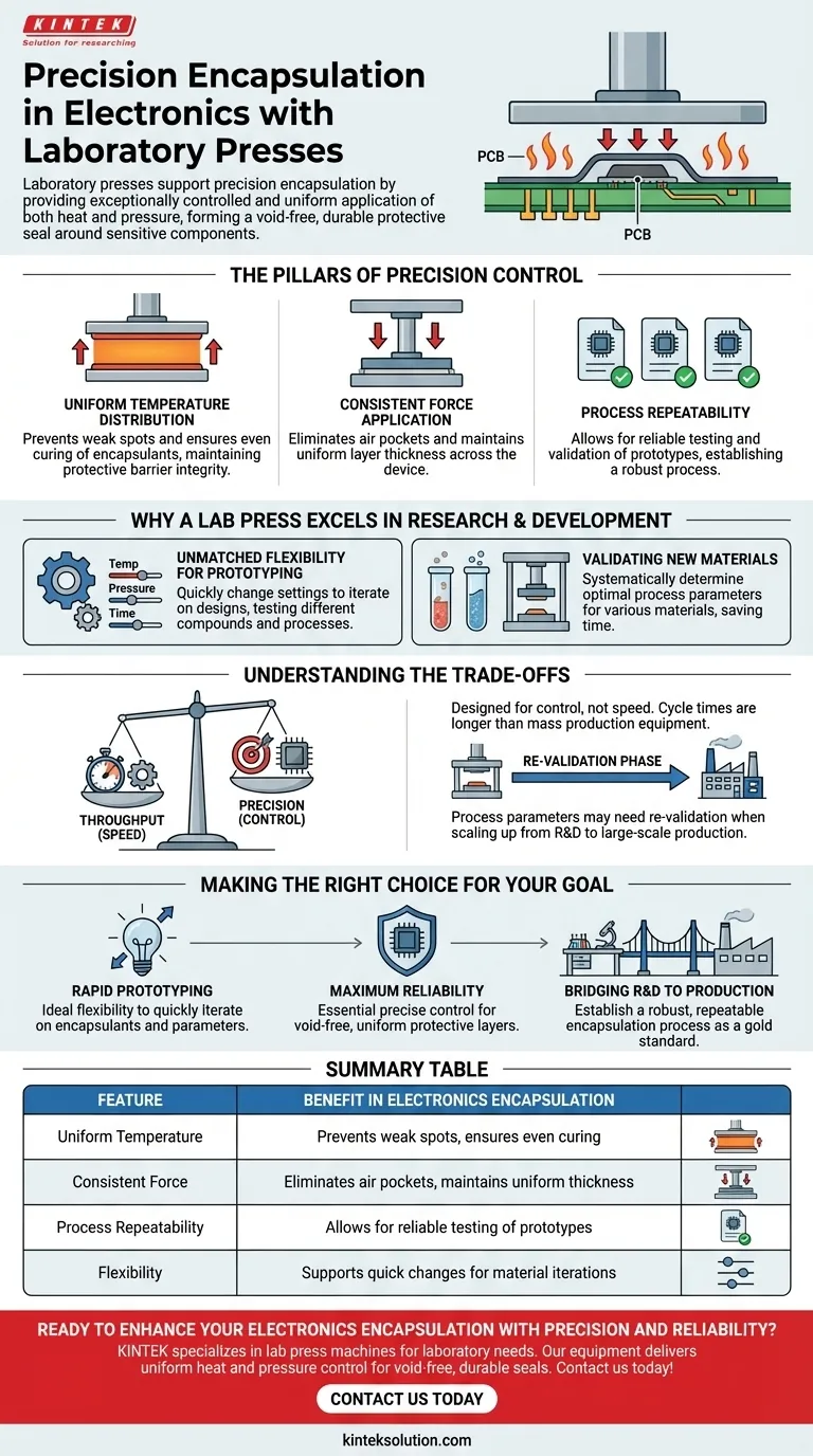 ¿Cómo respaldan las prensas de laboratorio la encapsulación de precisión en la electrónica? Logre una protección impecable para componentes sensibles Guía Visual