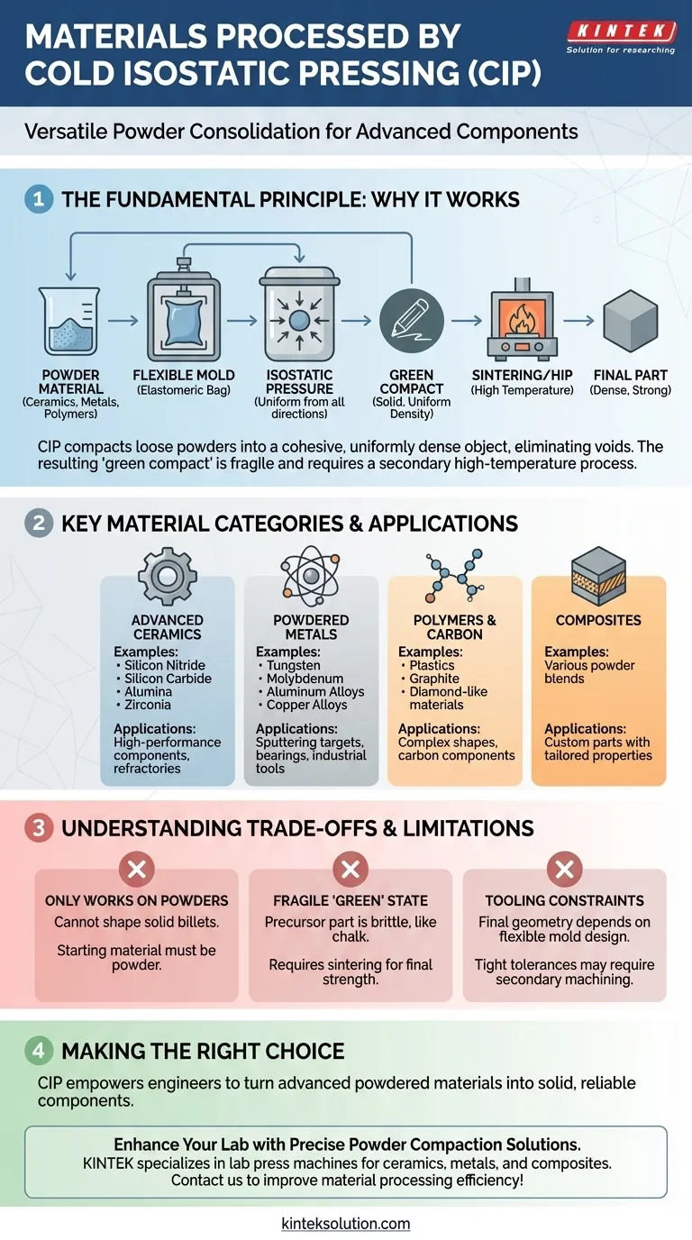 What materials can be processed using Cold Isostatic Pressing (CIP)? Unlock Uniform Powder Compaction for Advanced Materials Visual Guide