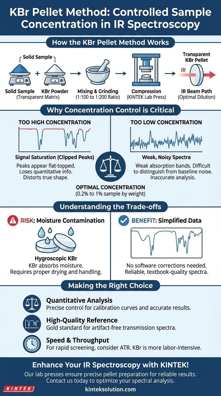 كيف تسمح طريقة قرص KBr بالتحكم في تركيز العينة في مطيافية الأشعة تحت الحمراء؟ تحقيق تخفيف دقيق لتحليل دقيق دليل مرئي