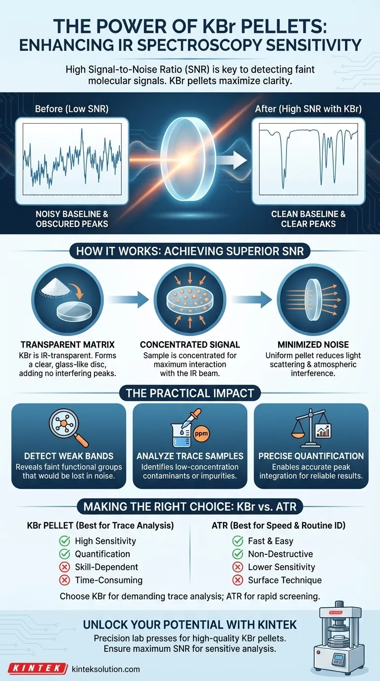 Qual é a importância da razão sinal-ruído aprimorada fornecida pelas pastilhas de KBr na espectroscopia de IR? Aumente a Sensibilidade para Análise de Traços Guia Visual