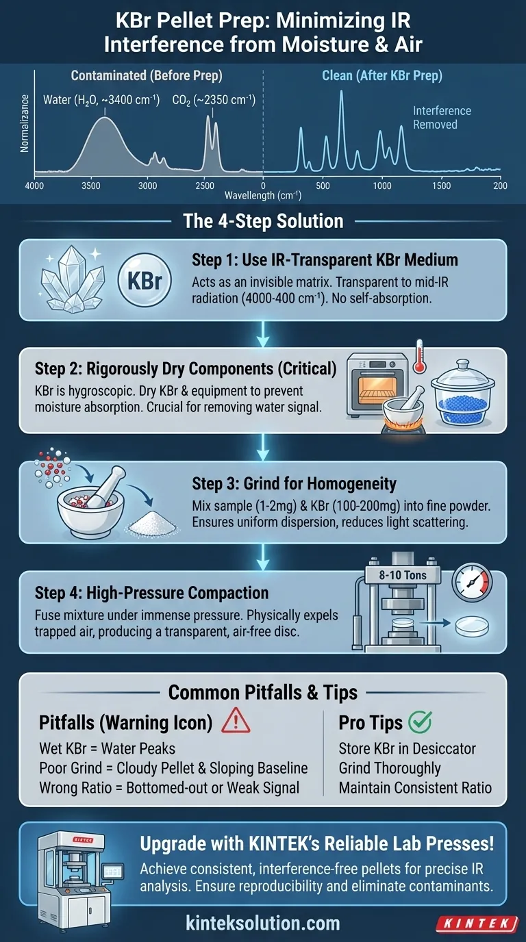 How does the KBr pellet preparation process minimize interference from moisture and air in IR spectroscopy? Achieve Clean, Reliable Spectral Analysis Visual Guide