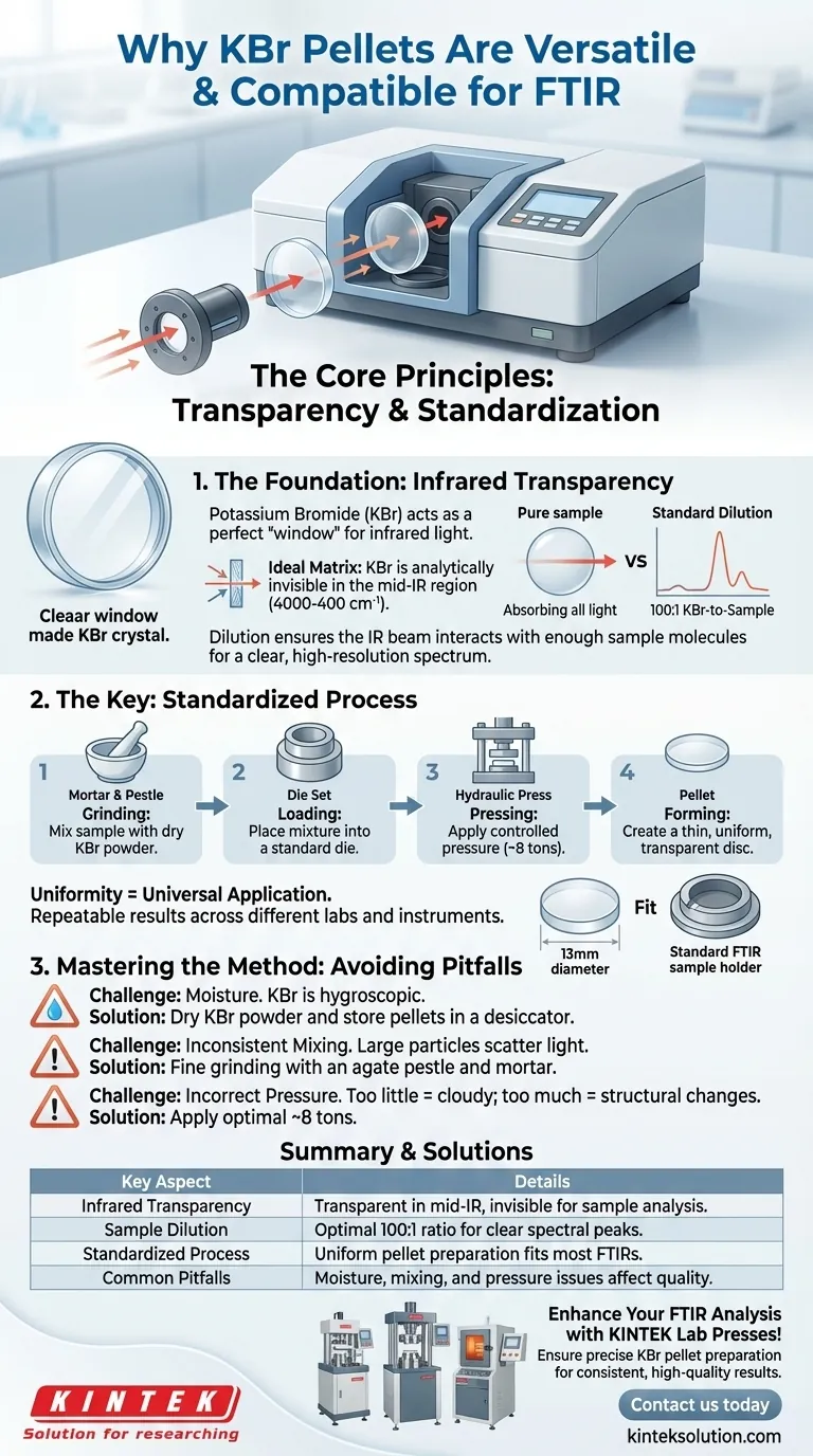 What makes KBr pellets versatile and compatible with various FTIR instruments? Unlock Universal FTIR Analysis Visual Guide