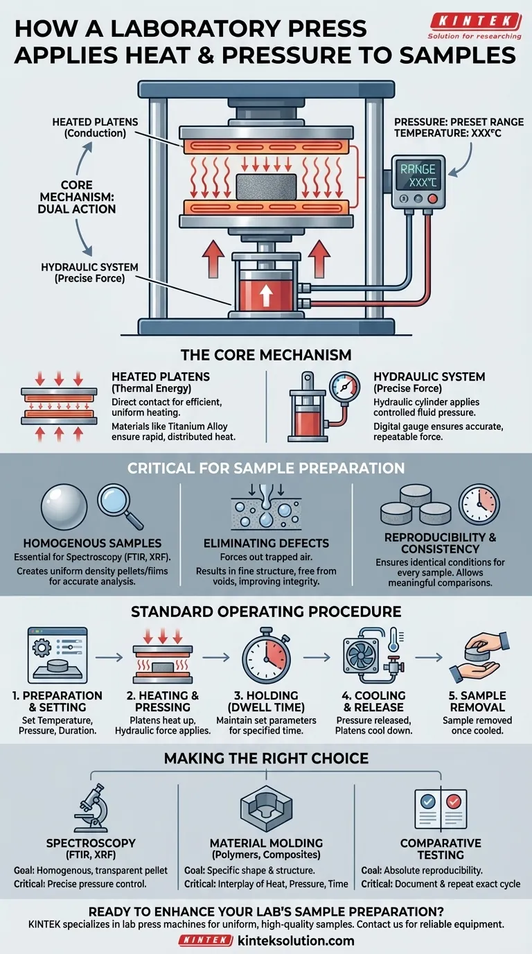 How does a laboratory press apply heat and pressure to samples? Master Precise Control for Superior Results Visual Guide