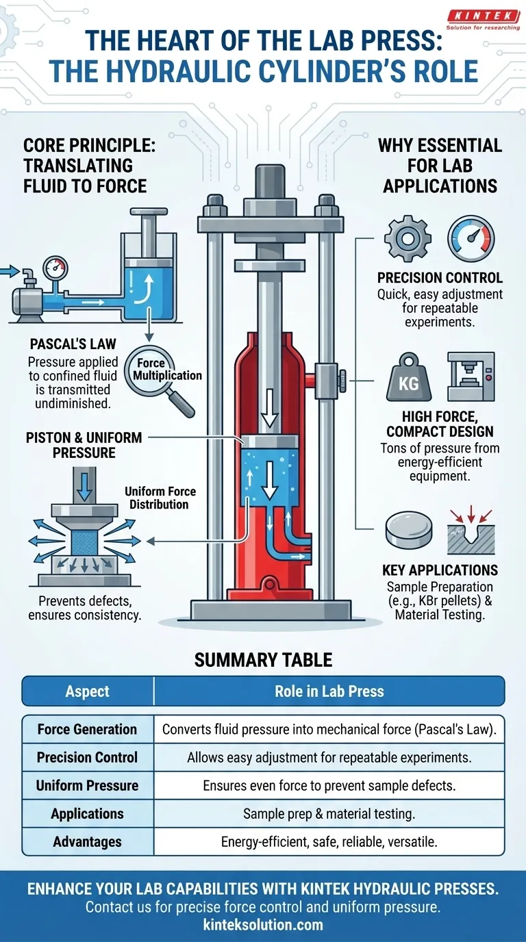 What role does the hydraulic cylinder play in a laboratory press? Delivering Precision Force for Superior Results Visual Guide
