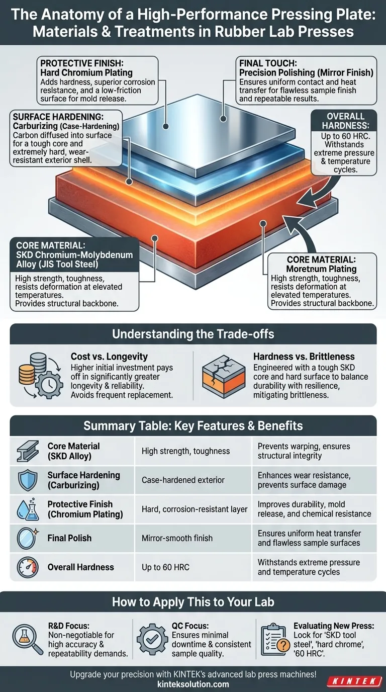 What materials are used for the pressing plates in a rubber laboratory press? Discover High-Performance SKD Alloy & Surface Treatments Visual Guide