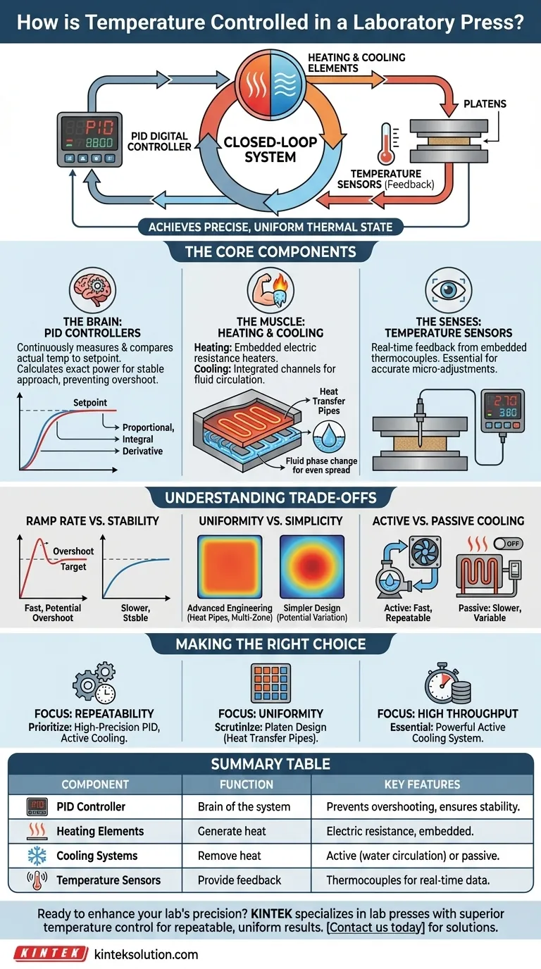How is temperature controlled in a laboratory press? Master Precise Thermal Management for Your Lab Visual Guide