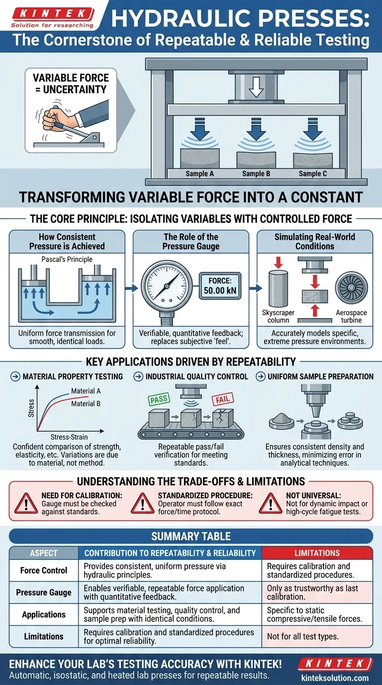كيف تساهم المكبس الهيدروليكي في التكرارية والموثوقية في الاختبار؟ ضمان نتائج متسقة لمختبرك دليل مرئي