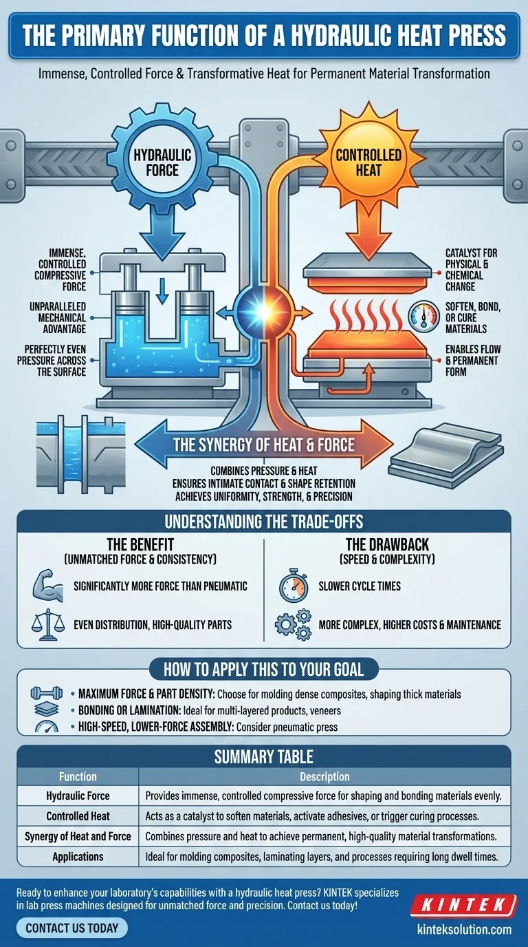 What is the primary function of a hydraulic heat press? Achieve Precise Bonding and Shaping with Controlled Force and Heat Visual Guide