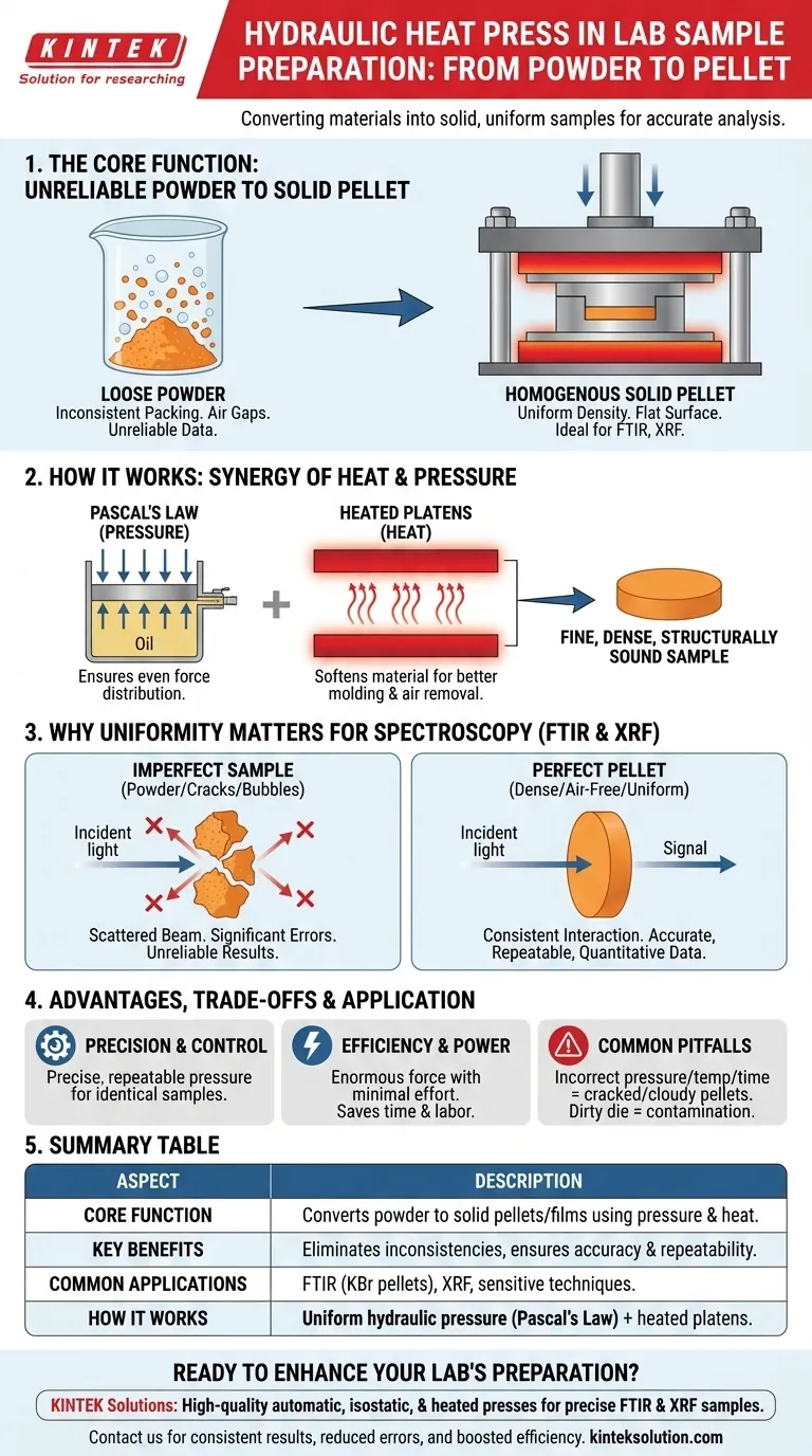 How is a hydraulic heat press used in laboratory sample preparation? Create Uniform Samples for Accurate Analysis Visual Guide