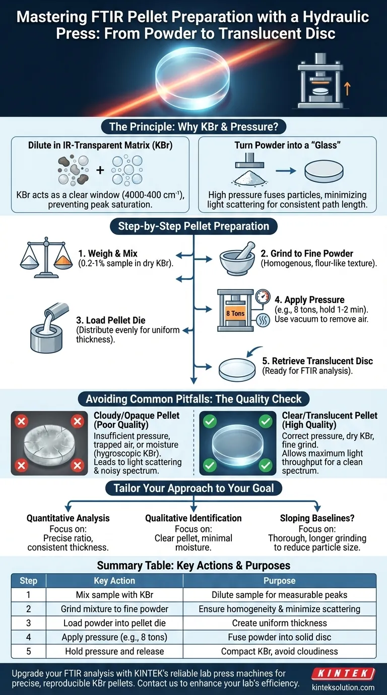 How is a pellet prepared for FTIR analysis using a hydraulic press? Master the KBr Method for Clear Spectra Visual Guide