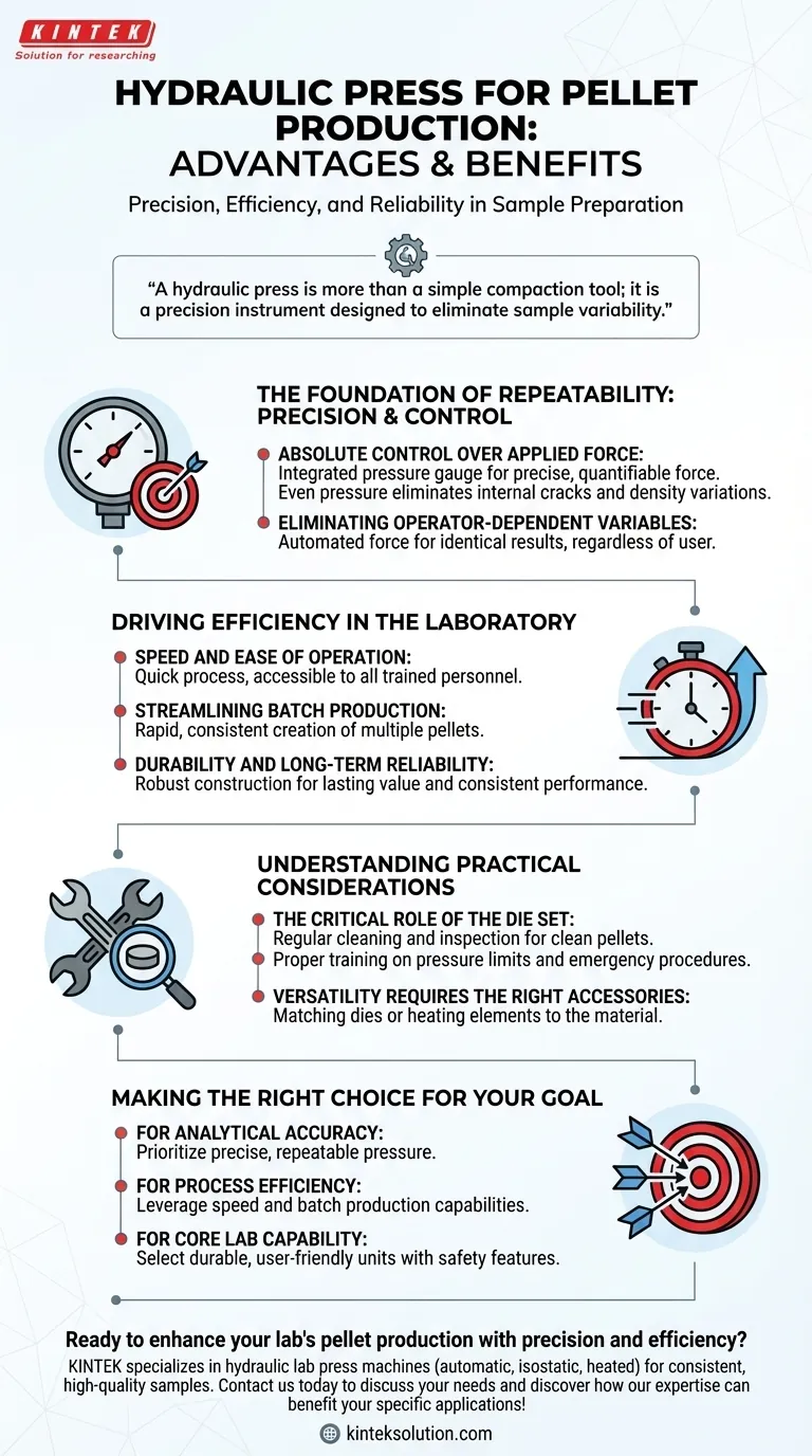 What are the advantages of using a hydraulic press for pellet production? Achieve Consistent, High-Quality Samples Visual Guide