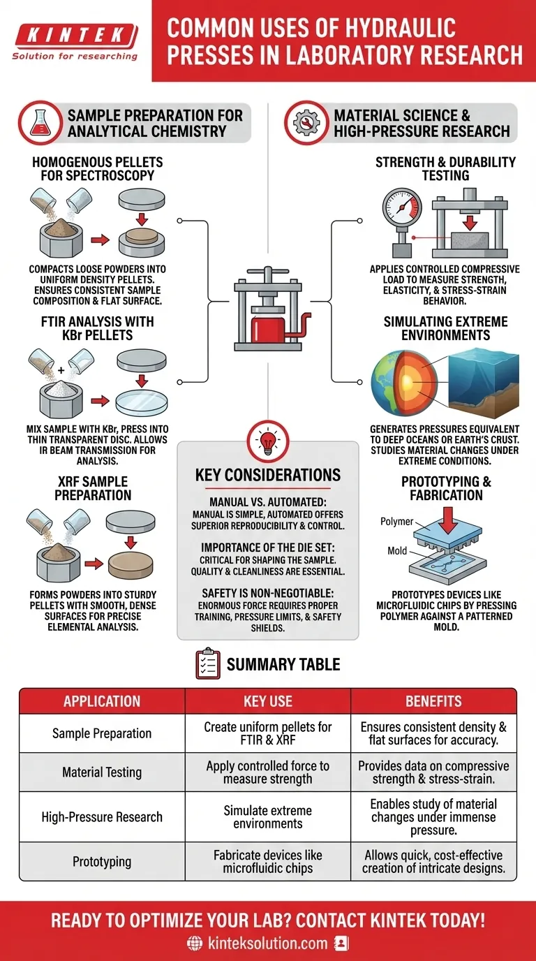 실험실 연구에서 유압 프레스의 일반적인 용도는 무엇입니까? 시료 준비 및 재료 테스트 강화 시각적 가이드