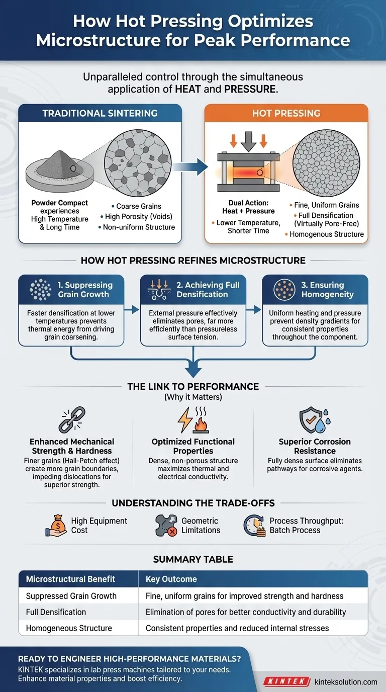 ¿Qué beneficios ofrece el prensado en caliente en términos de control de la microestructura? Logre un Rendimiento Superior del Material con Precisión Guía Visual