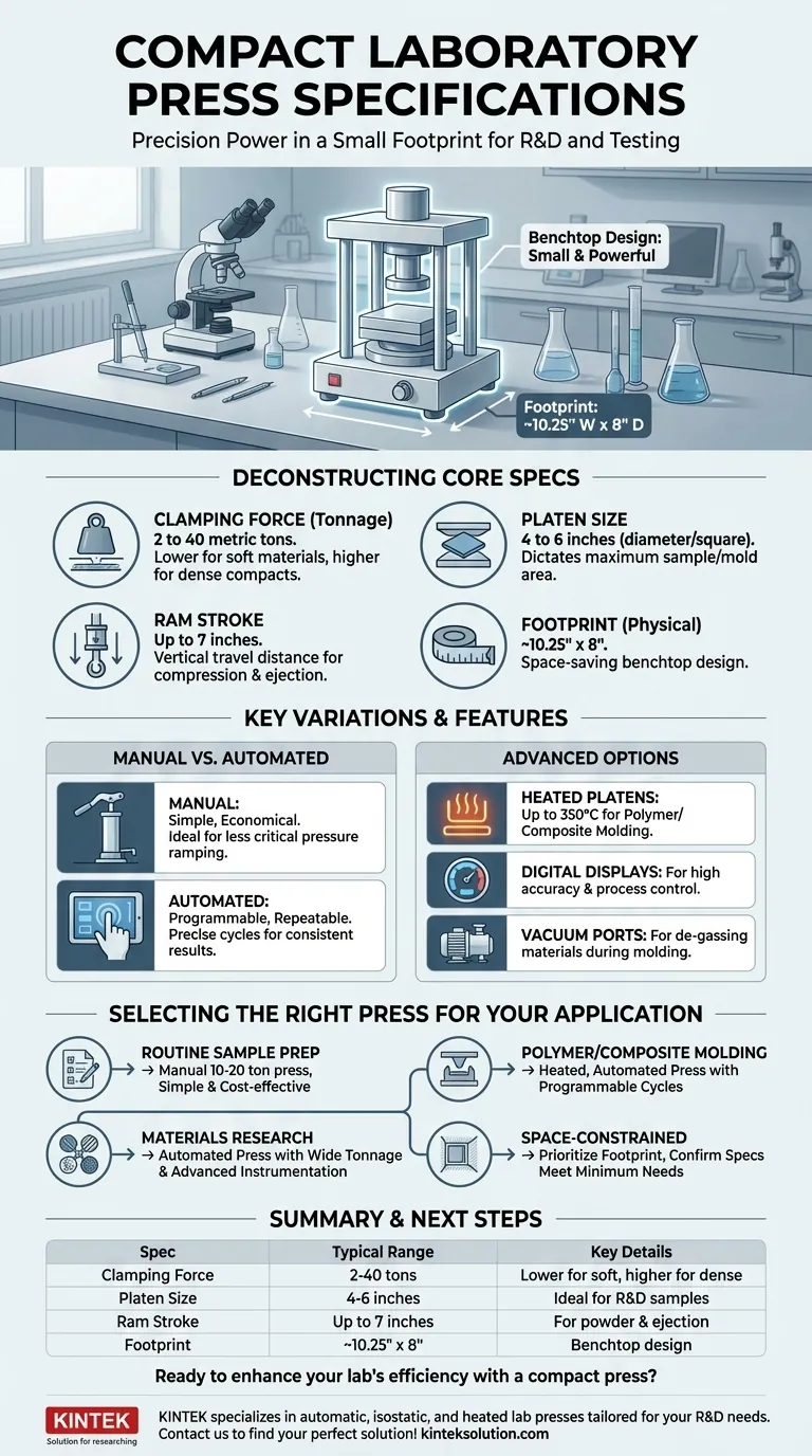 What are some typical specifications of compact laboratory presses? Discover Key Specs for Your Lab Needs Visual Guide