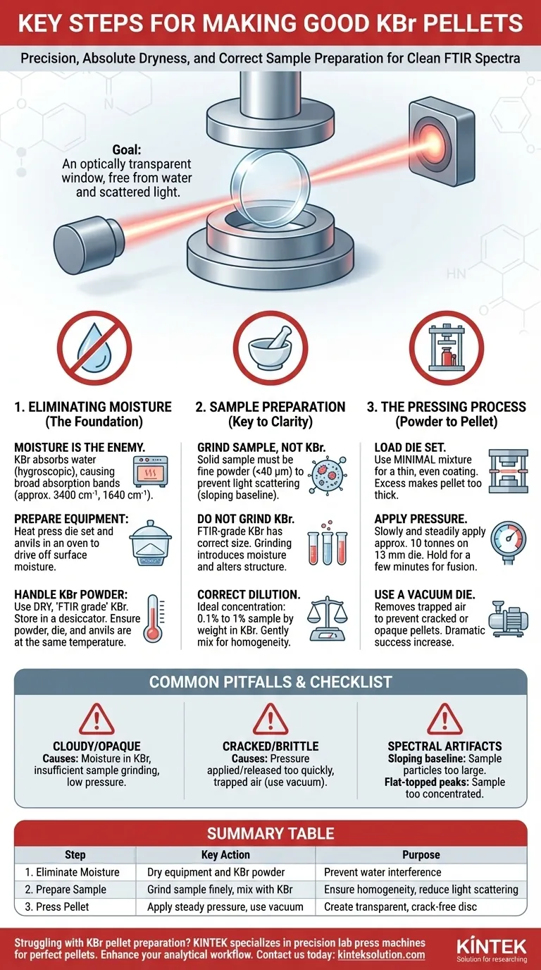 ¿Cuáles son los pasos clave para hacer buenas pastillas de KBr? Domine la precisión para un análisis FTIR impecable Guía Visual