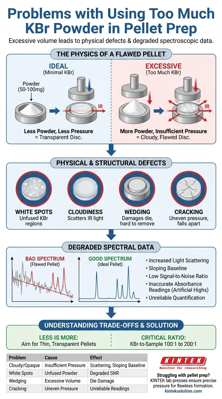 ما هي المشاكل التي تحدث من استخدام كمية كبيرة جداً من مسحوق بروميد البوتاسيوم (KBr)؟ تجنب الكريات الغائمة والبيانات الطيفية الرديئة دليل مرئي