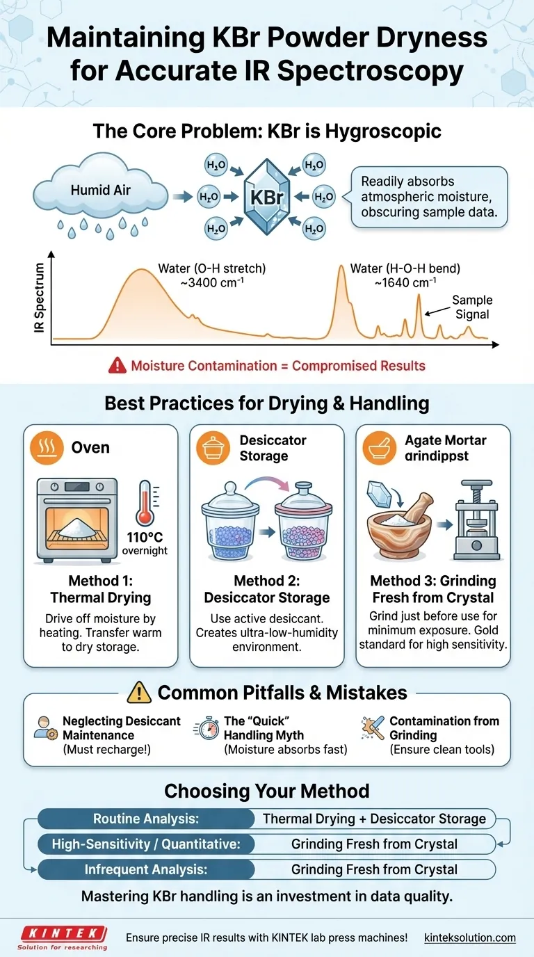 Come deve essere maneggiata la polvere di KBr per mantenerla asciutta? Suggerimenti essenziali per una spettroscopia IR accurata Guida Visiva