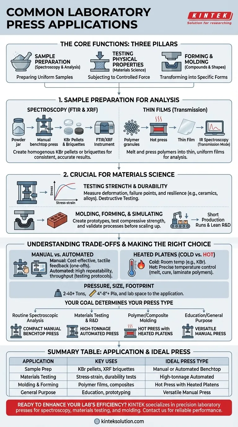 ما هي تطبيقات مكبس المختبر الشائعة؟ الاستخدامات الأساسية في تحضير العينات واختبار المواد دليل مرئي