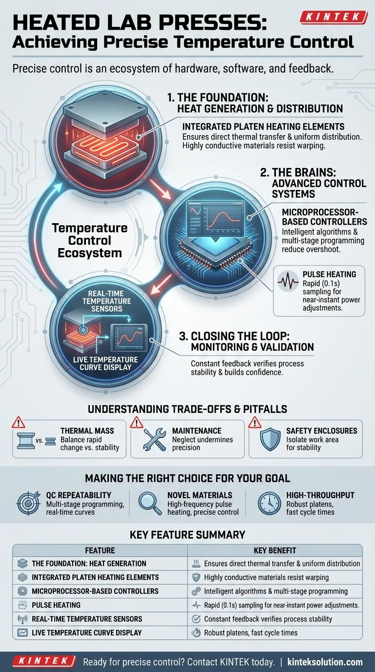 Quali caratteristiche chiave assicurano il controllo della temperatura nelle presse da laboratorio riscaldate? Ottieni precisione e uniformità per il tuo laboratorio Guida Visiva