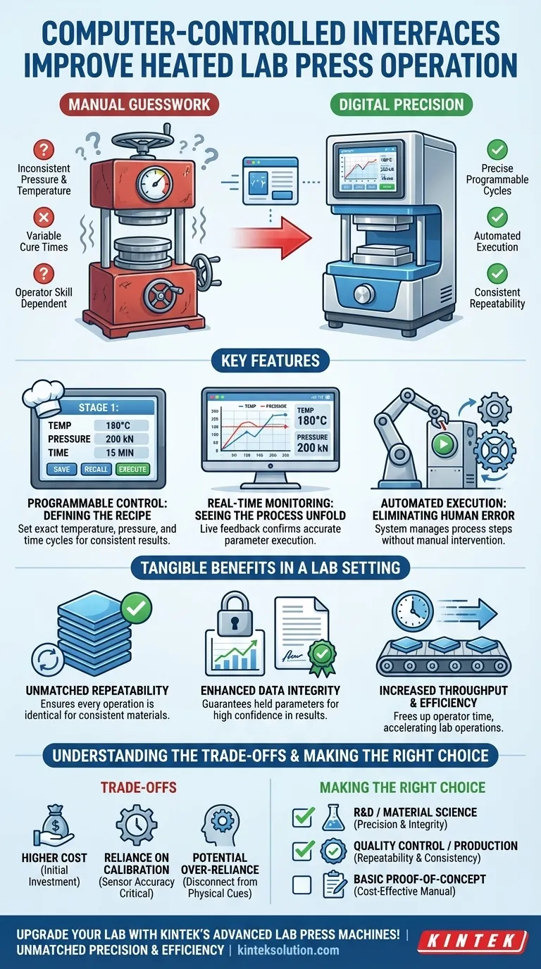 컴퓨터 제어 인터페이스는 가열식 실험실 프레스 작동을 어떻게 개선합니까? 실험실에서 정밀도와 자동화를 달성하세요 시각적 가이드